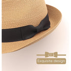 Dreshow Women Straw Sun Hat Short Brim Panama Travel Fedora Beach Cap Roll Up Summer Hat For Women Men Upf 50+