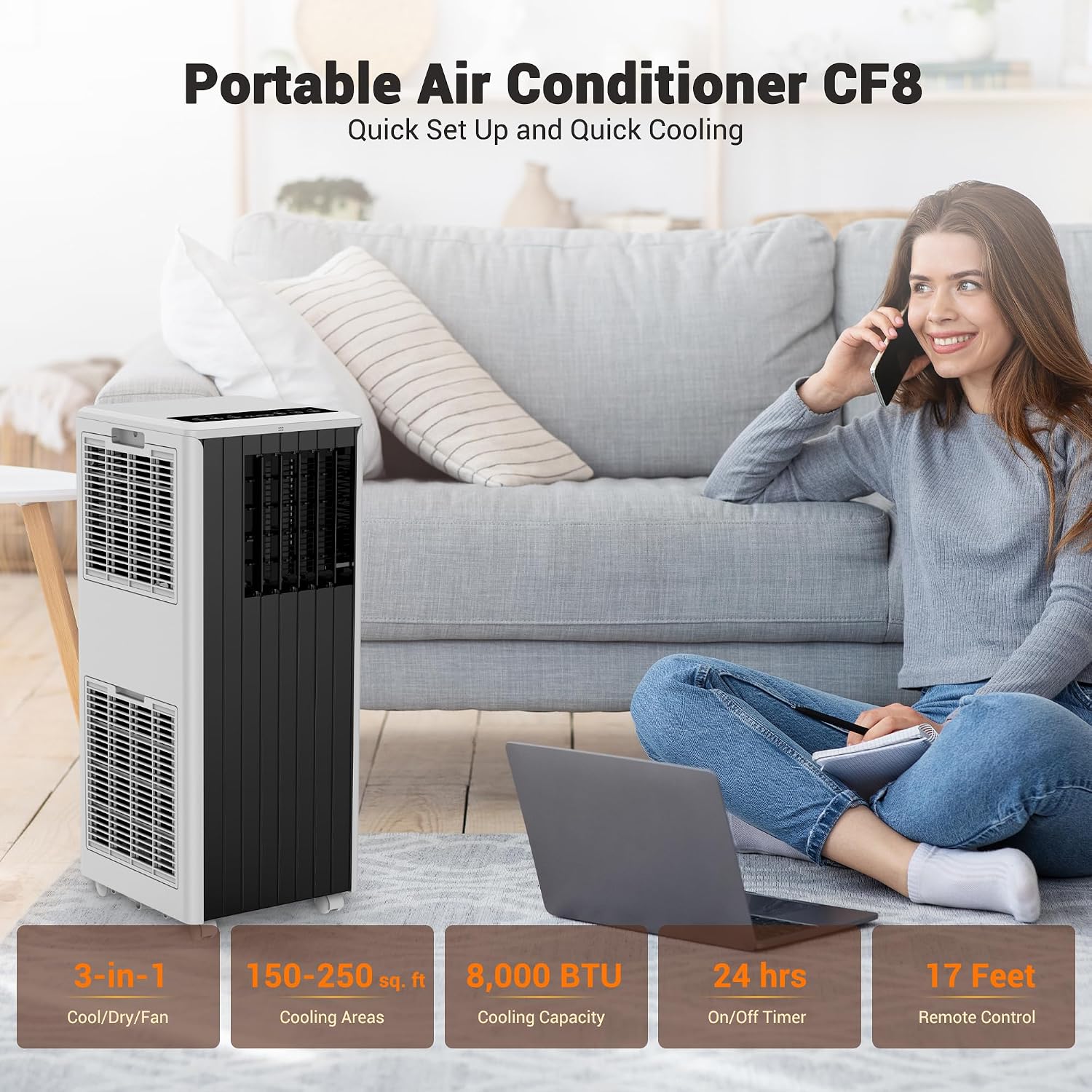 8,000 Btu Portable Air Conditioners, 4-In-1 Ac Unit With Cool, Fan, Dehumidifier & Sleep Mode, Up To 350 Sq.Ft, Quiet Operation, 24H & Remote Control For Bedroom, Living Room, Basement & Workshop