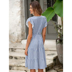 Glamaker Floral Tiered Midi Sundress Casual Summer V Neck Flutter Sleeve Striped Sun Dress With Pockets