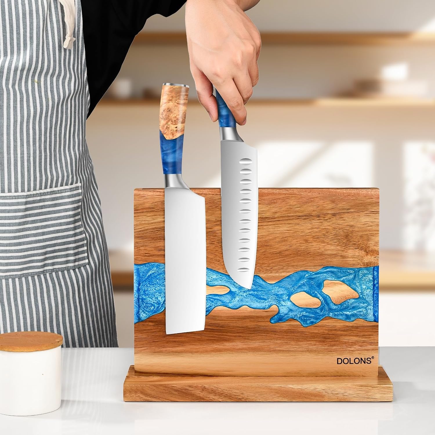 Magnetic Knife Block,Acacia Wood And Resin Kitchen Magnetic Knife Holder，Equipped With Strong Magnets,Multifunctional Double Side Knife Storage Organizer For Kitchen Counter ，Gifts For New Home