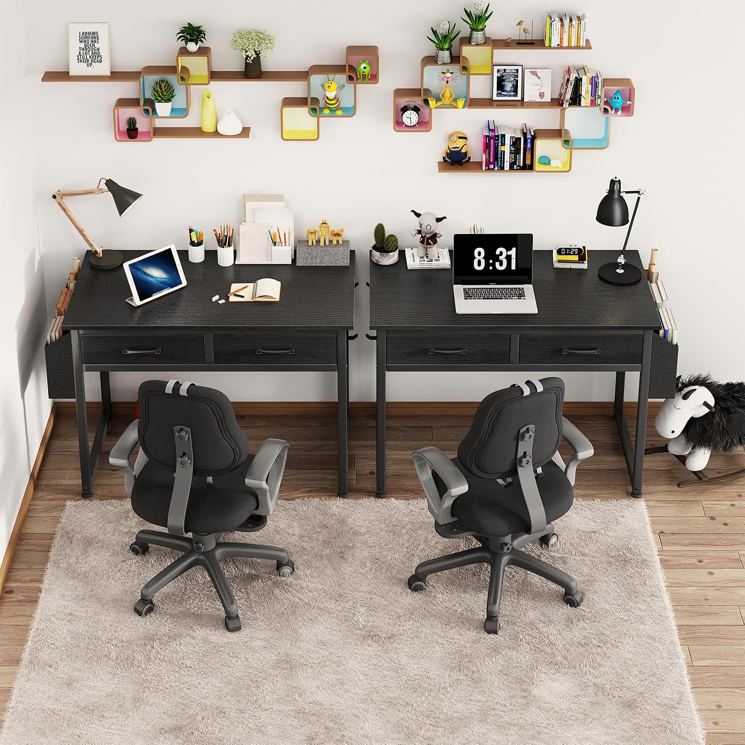 Dlisiting Small Desk With Fabric Drawers For Bedroom, 32 Inch Gaming Desk With 2 Drawers For Small Space, Study Writing Table Pc Desks, Black