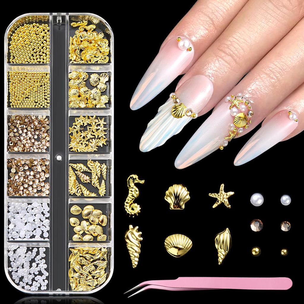 Summer Nail Charms, 3D Beach Nail Charms Metal Starfish Seashell Tropical Ocean Nail Art Decorations, Gold Beads and Pearls Rhinestones with Tweezers for Manicure, concha nacar para uñas
