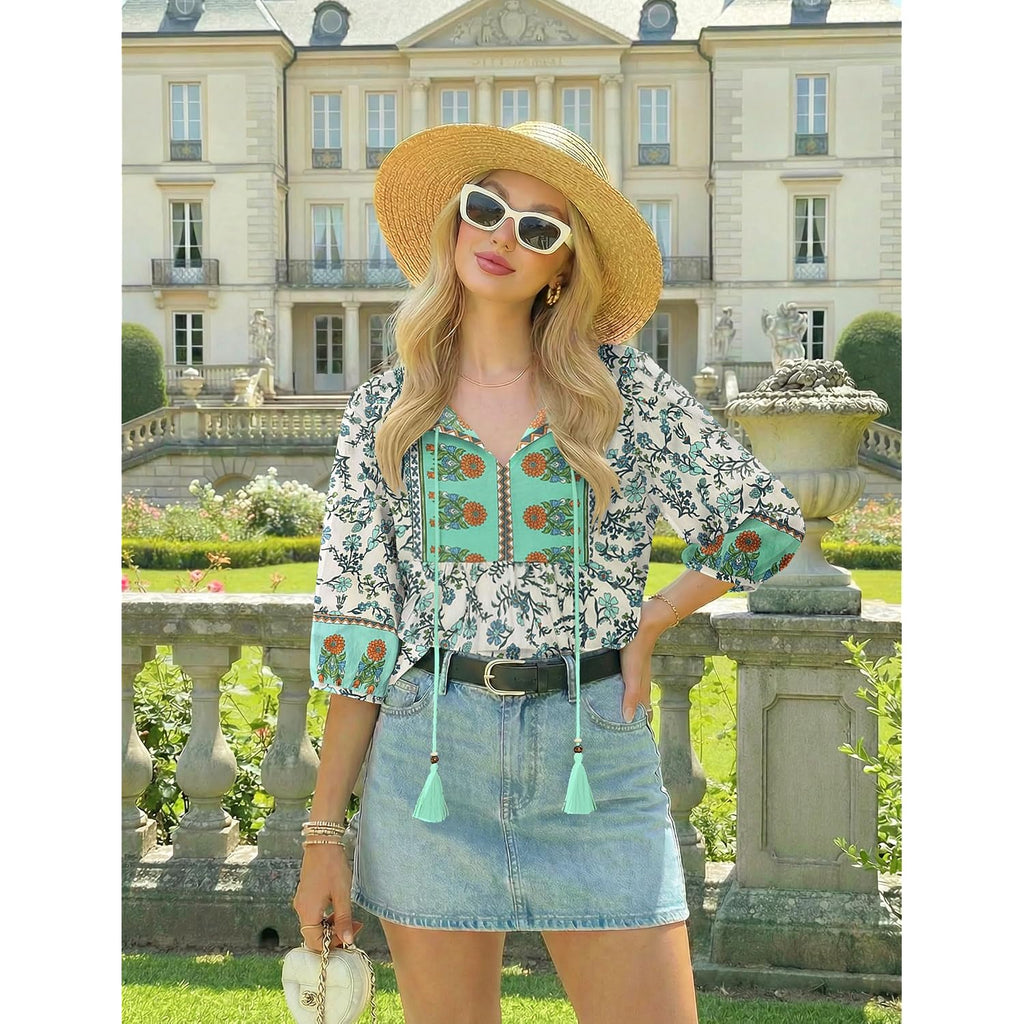 Boho Tops for Women Floral Print 3/4 Sleeve V Neck Blouse Pleated Flowy Vacation Casual Summer Tunic Blouses