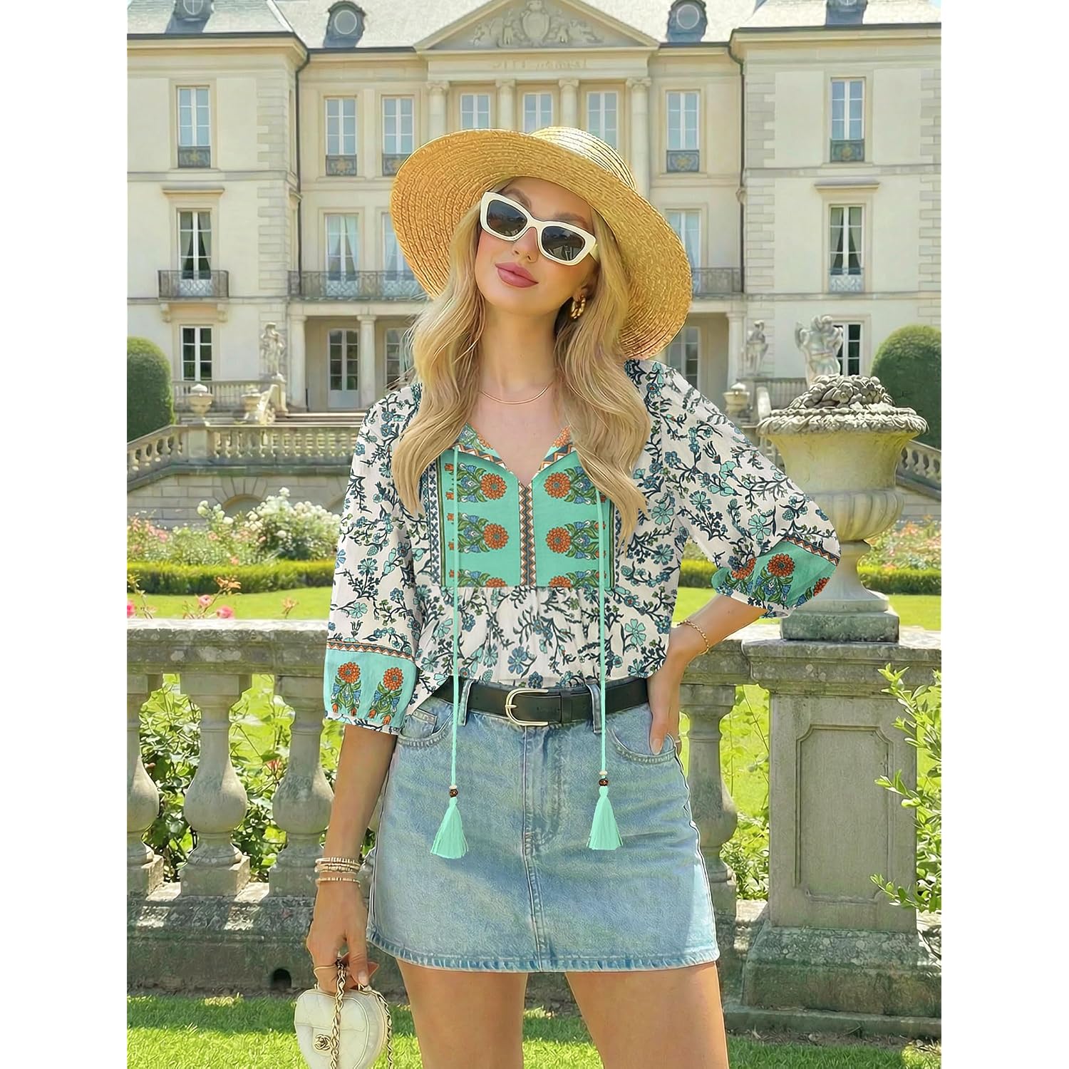 Boho Tops for Women Floral Print 3/4 Sleeve V Neck Blouse Pleated Flowy Vacation Casual Summer Tunic Blouses