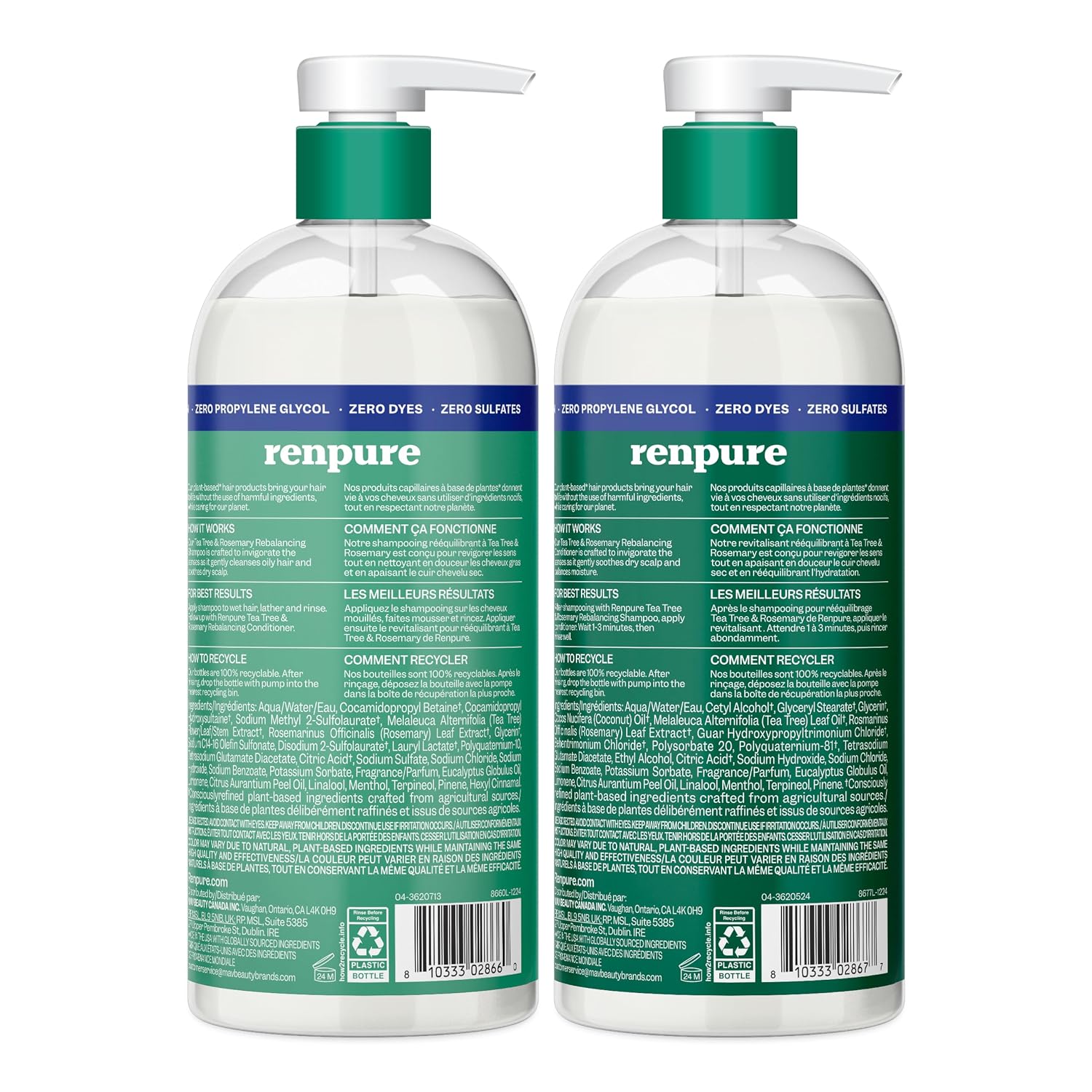 Renpure Tea Tree & Rosemary Shampoo And Conditioner Set, Plant Based - Refreshes & Rebalances Hair And Scalp - For Oily/Normal Hair - Tea Tree Leaf Oil, Rosemary Leaf Extract - 24 Fl Oz Each, 2 Pack