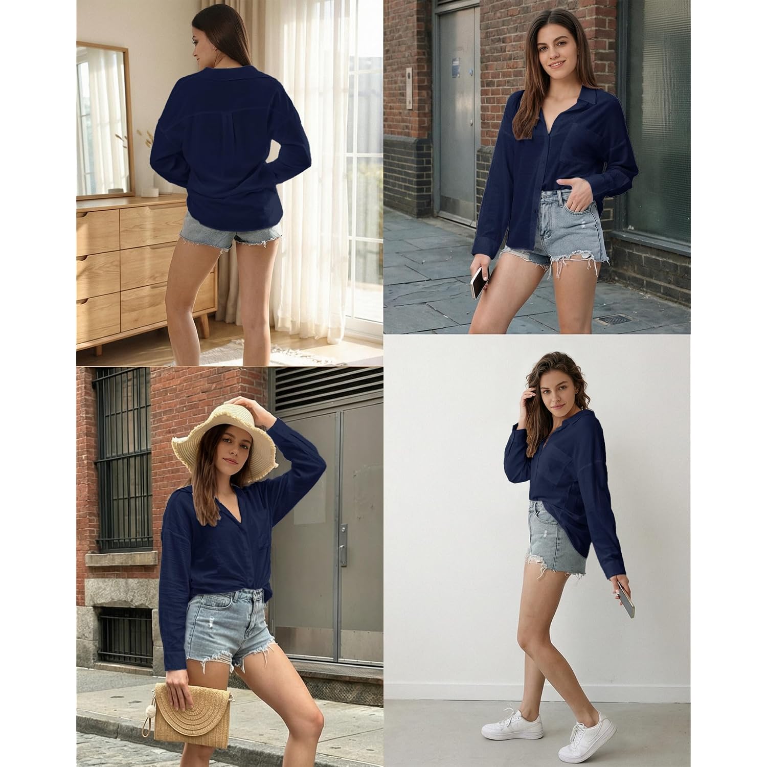 Jekaoyi Womens Button Down Shirts Long Sleeve Linen Casual Collared Blouses Loose Fit