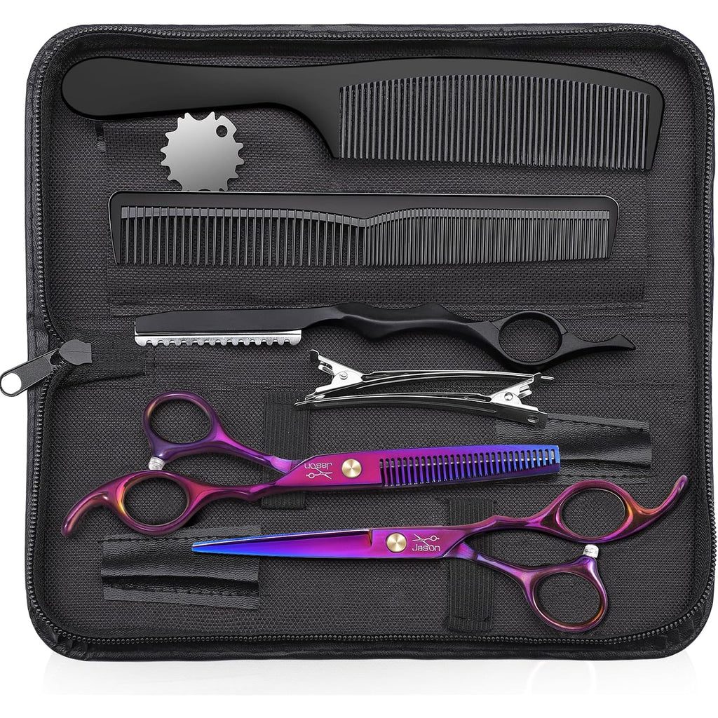 Jason Hair Cutting Scissors Professional - 10 Pcs Haircut Scissors Set, Thinning Shears For Hair Cutting With 30 Teeth, Straight Shears For Men Women Home Salon Barber Purple
