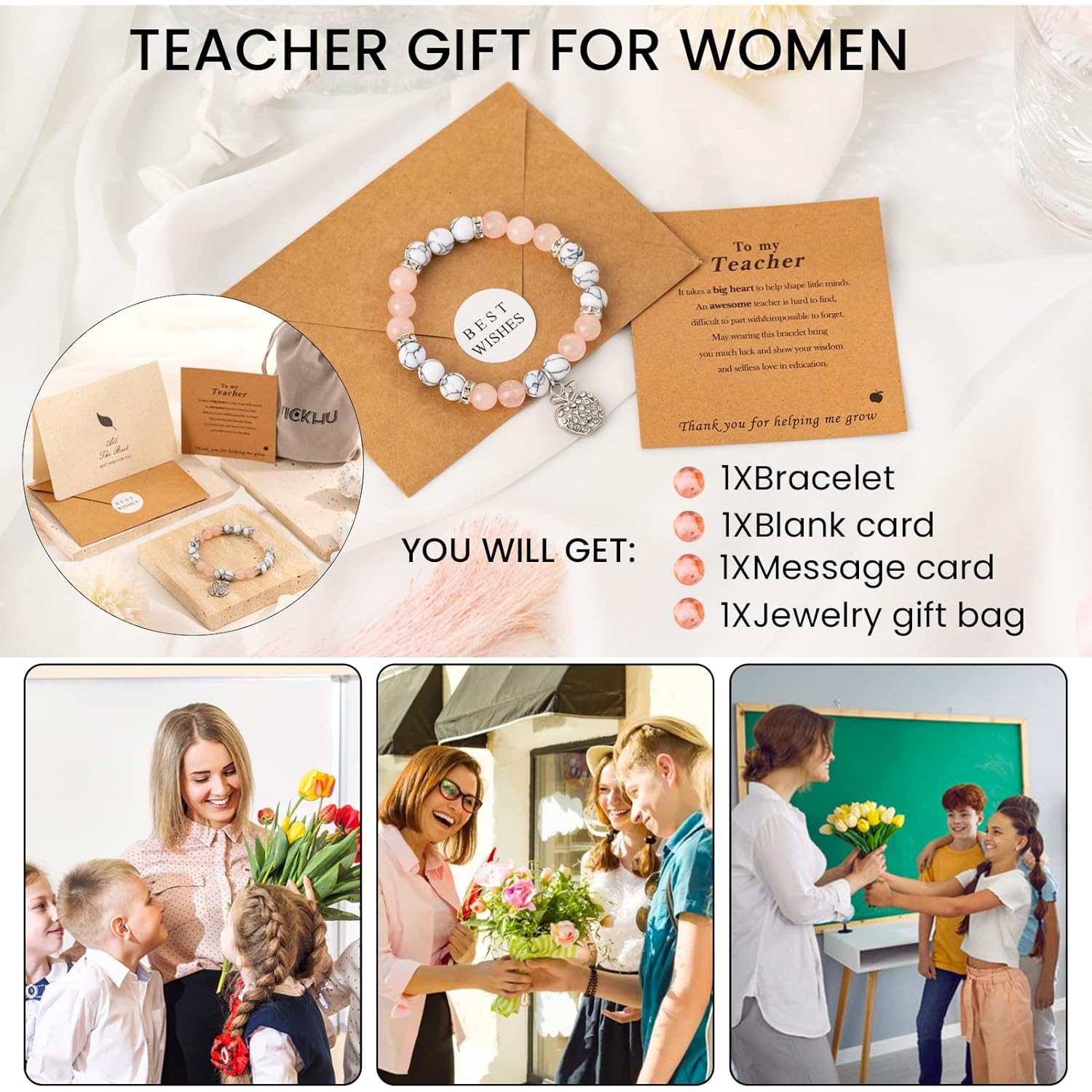VICKHU Teacher appreciation gifts,Natural Stone teacher Bracelet gifts for women,thank you gifts for teacher meaningful gifts for women with gift message card