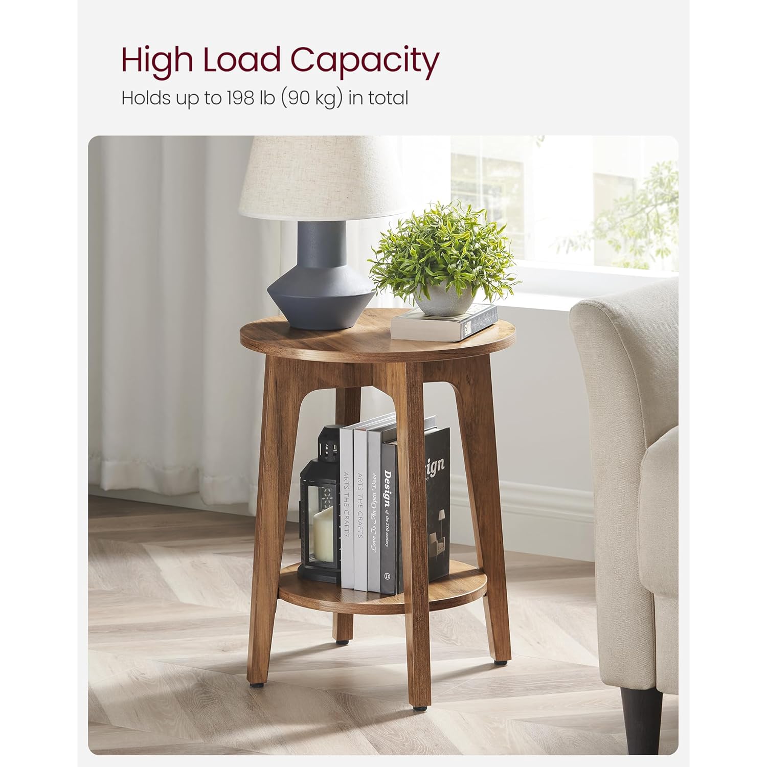 VASAGLE MAEZO Collection - Side Table, 2-Tier Small Round End Table, Nightstand with Tapered Legs, Curved Transitions, for Small Spaces, Living Room, Bedroom, Honey Brown ULET283T41