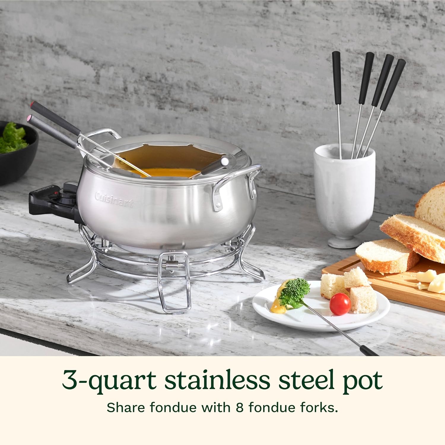 Cuisinart Fondue Pot Set, 3-Quart Stainless Steel Electric Fondue Pot for Chocolate, Cheese, Broth, and Oil, Includes 8 Forks, Temperature Control, Nonstick Interior, Dishwasher Safe, CFO-3SSNAS