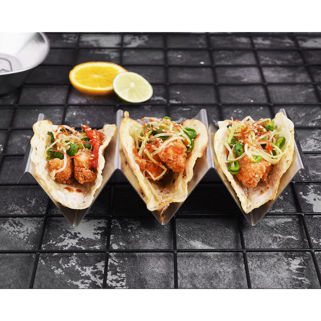 Taco Holders 4 Packs - Stainless Steel Taco Stand Rack Tray Style, Oven Safe for Baking, Dishwasher and Grill Safe