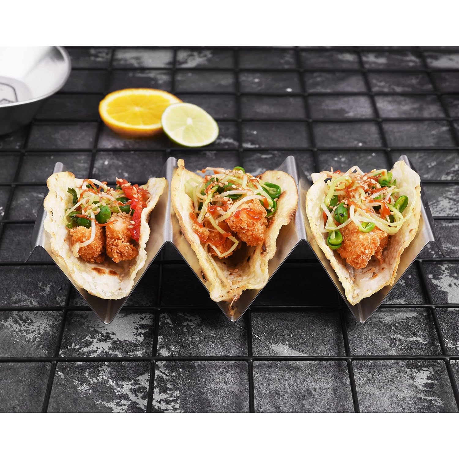 Taco Holders 4 Packs - Stainless Steel Taco Stand Rack Tray Style, Oven Safe for Baking, Dishwasher and Grill Safe