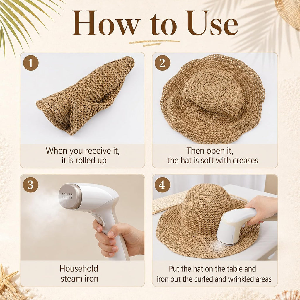 Summer Straw Hats for Women Wide Brim Foldable Summer Beach Vacation Packable Travel Cap Lightweight Brown Brown