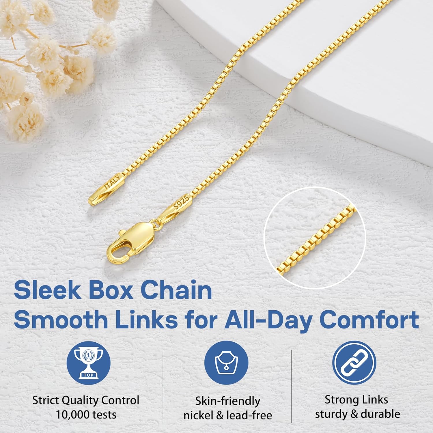 Jewlpire 1.3mm Box Chain 14K Gold Plated 925 Sterling Silver Chain Necklace for Women, Thin & Sturdy Womens Chains Necklace 14 16 18 20 22 24 26 Inches