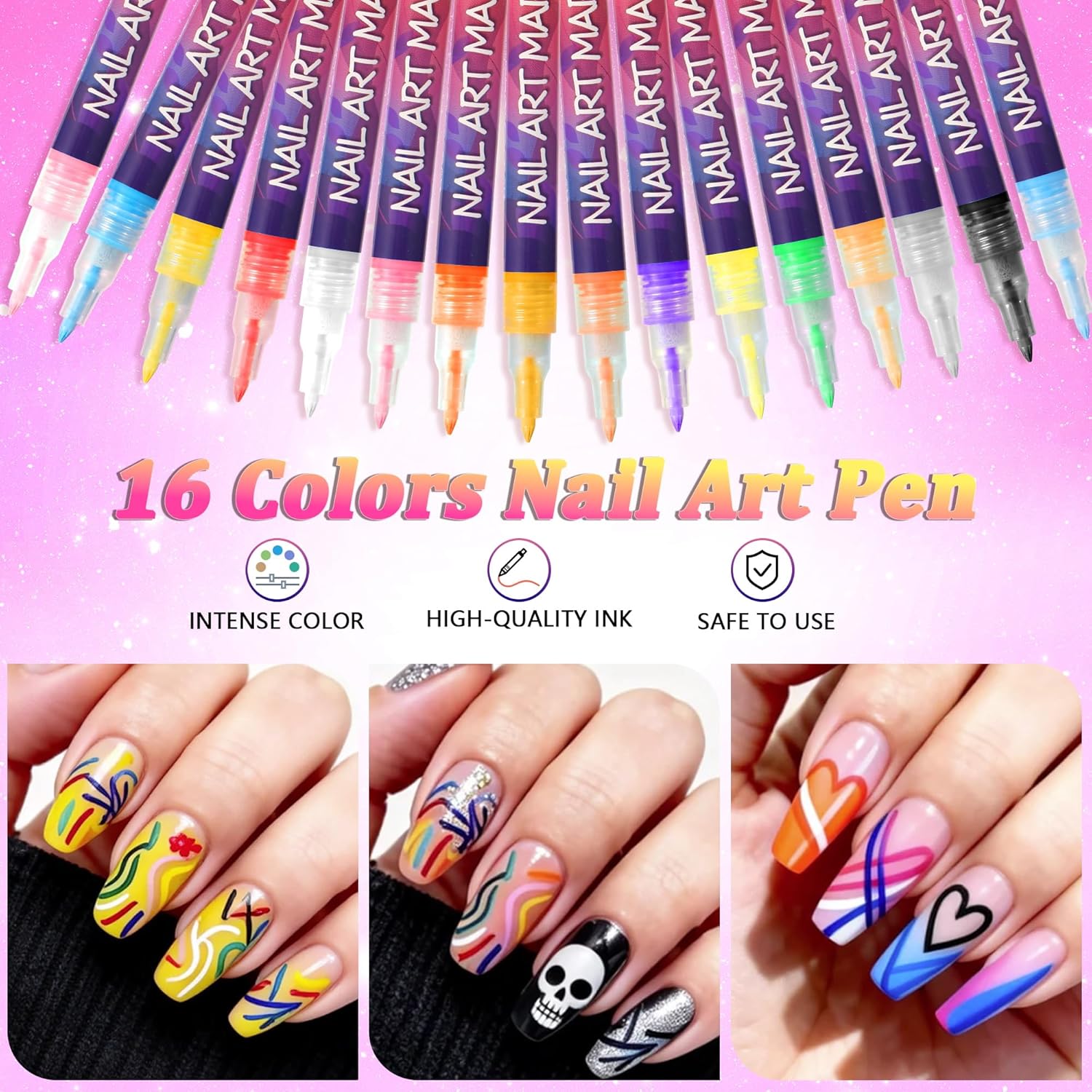 16 Colors Nail Art Pens,DIY Nail Art Markers Fine Tip Nail Polish, Quick Dry DIY Home Salon, Professional Nail Art Tools, Manicure Set Gift for Adults Beginners