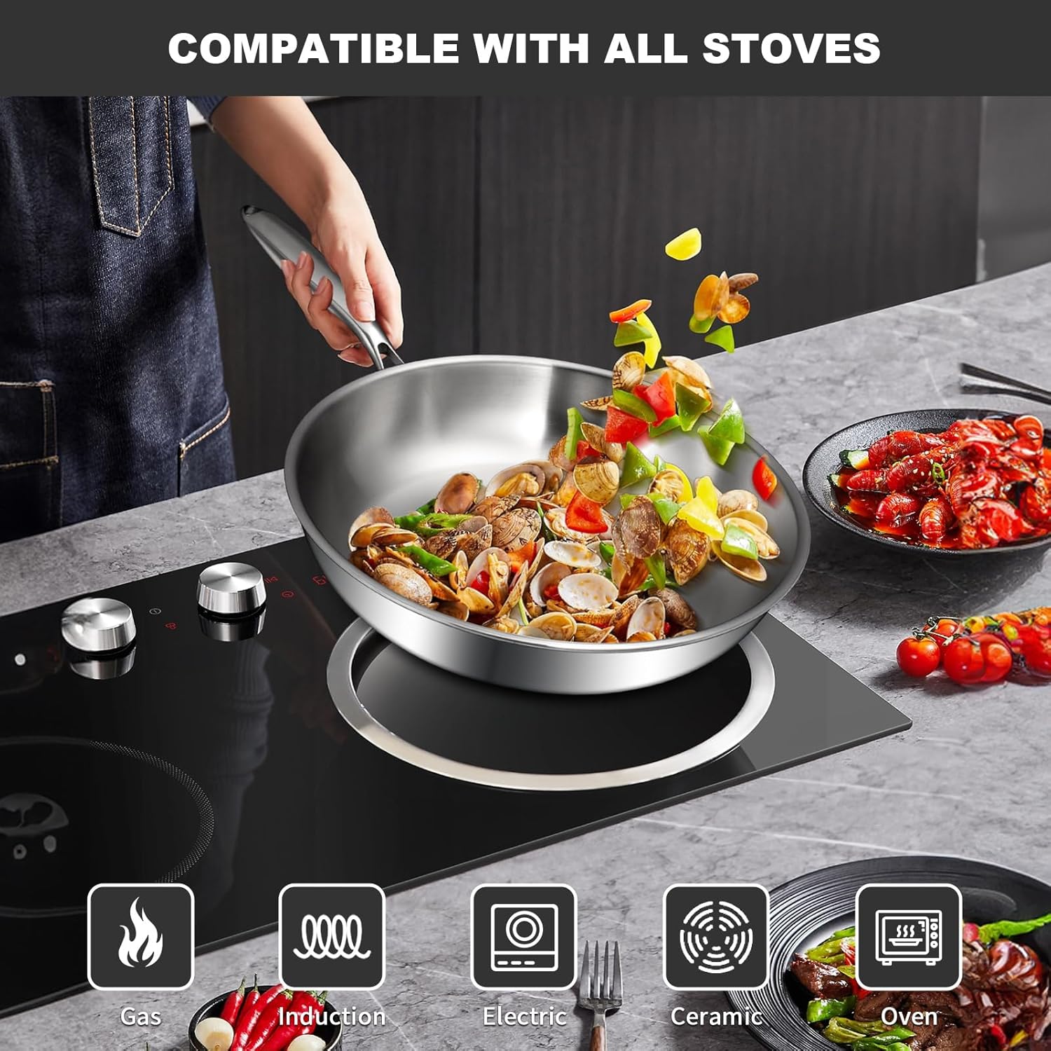 EWFEN Tri-Ply Stainless Steel Frying Pans Set, 8”/10”/12” Cooking pans, PFOA&PTFE Free Skillet, Induction Cooking Pan, Dishwasher and Oven Safe, Fast & Even Heat, Heavy Duty and Detachable Handle