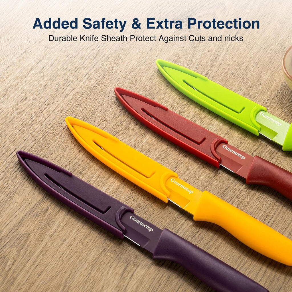 Gourmetop Paring Knife with Cover, Paring Knives Set of 4, 3.8" Paring Knife Set of Premium Stainless Steel, Small Kitchen Knife Set for Fruit and Vegetable, Ergonomic Knife Handles for Versatility