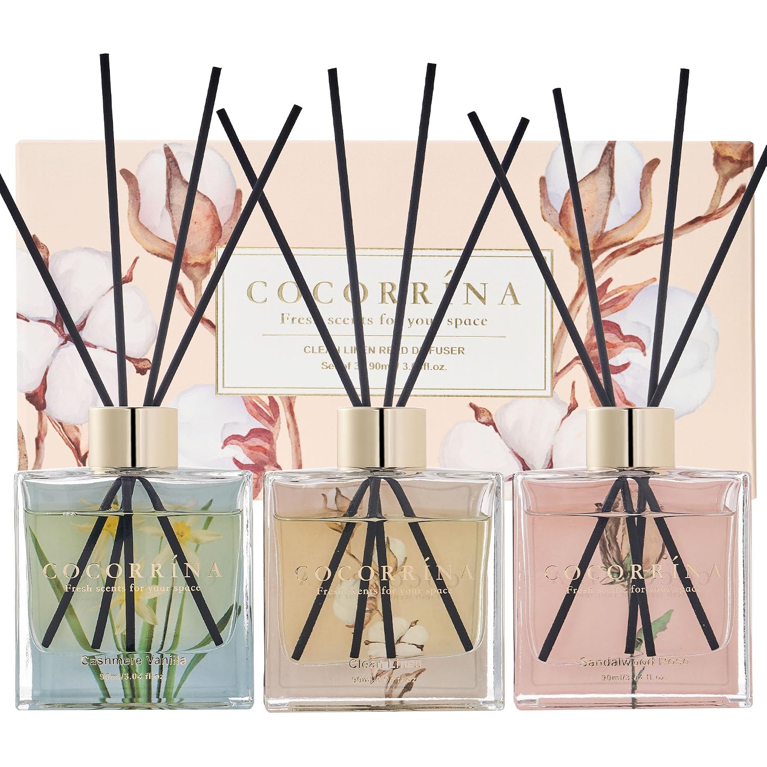 Reed Diffuser Set Of 3-3 Pack/ 3.04 Fl.Oz Diffuser With 24 Sticks Cashmere Vanilla/Sandalwood Rose/Clean Linen Reed Diffuser For Home Bathroom Office Decor