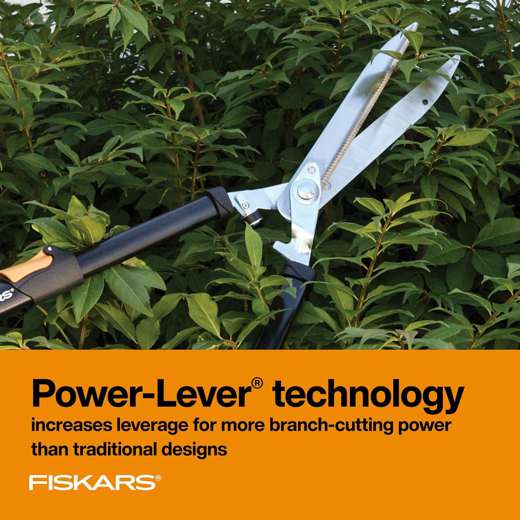 Fiskars Power-Lever Extendable Hedge Shears, Self-Sharpening Serrated Steel Blades For Clean Cuts, Handles Adjust 25"-33" For High Reach, Multiplies Leverage For 2X Power, 10" Blades, Orange/Black