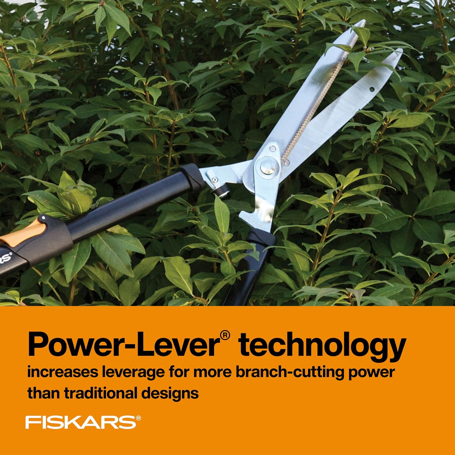 Fiskars Power-Lever Extendable Hedge Shears, Self-Sharpening Serrated Steel Blades For Clean Cuts, Handles Adjust 25"-33" For High Reach, Multiplies Leverage For 2X Power, 10" Blades, Orange/Black