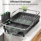 SNTD Dish Drying Rack, Expandable Dish Rack for Kitchen Counter, Stainless Steel Dish Drainer with Drainboard Set and Utensil Holder (Black)