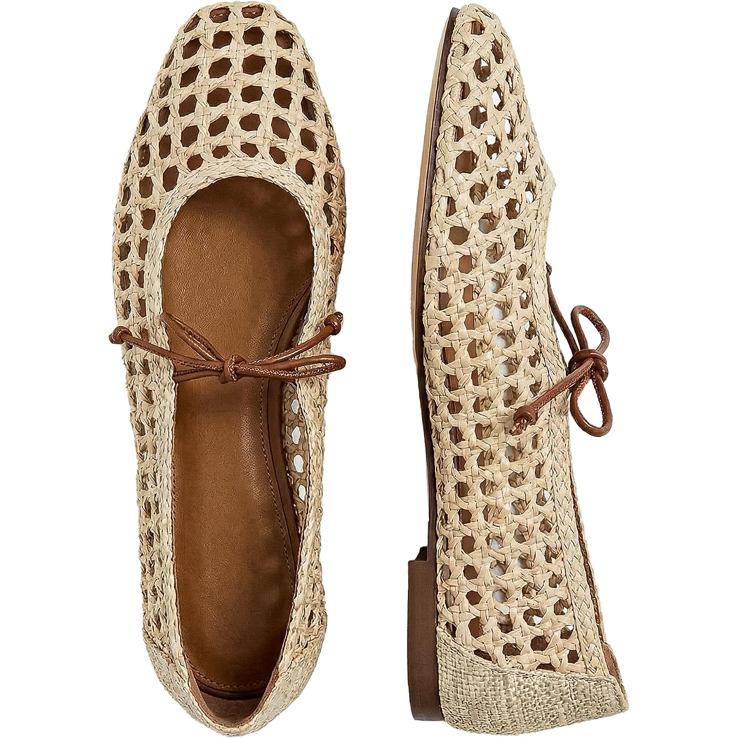 Women Woven Mesh Ballet Flats Raffia Lace Up Ballerina Mary Jane Flats Fashion Casual Slip On Shoes