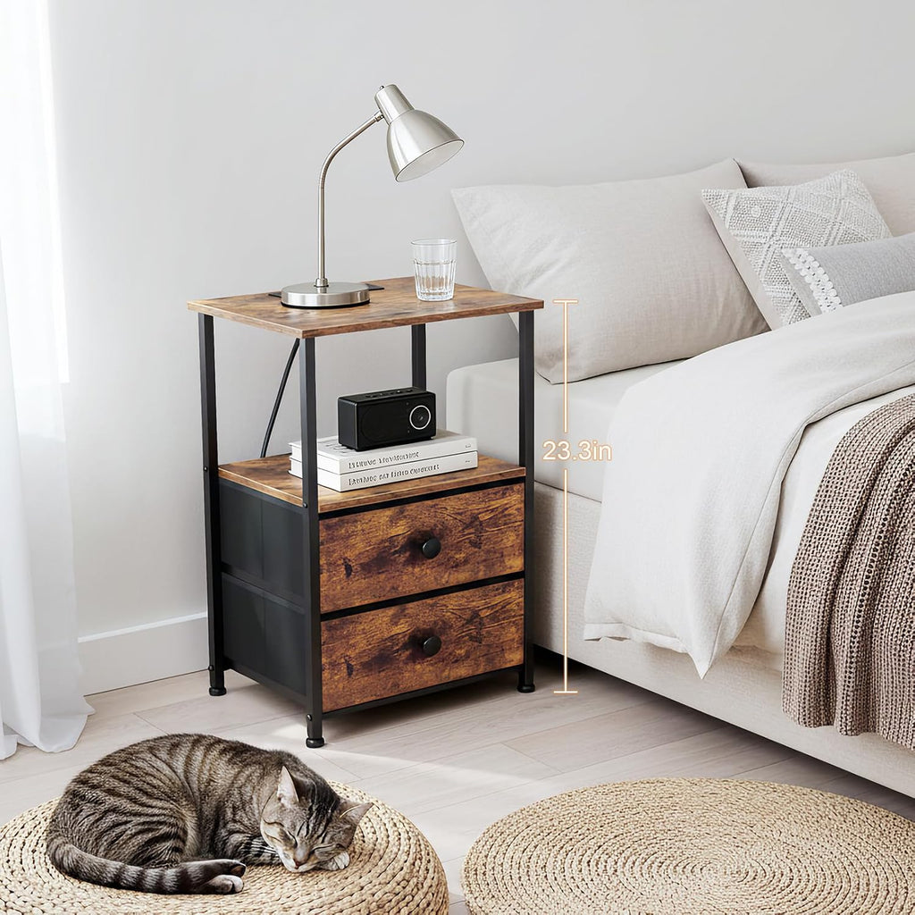 LOAKEKEL Night Stand Set 2, Nightstand with Charging Station, End Tables with Storage Shelf for Small Spaces, Bedside Table Side Tables with 2 Fabric Drawers for Bedroom, Rustic Brown, HETS020PBR