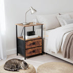 LOAKEKEL Night Stand Set 2, Nightstand with Charging Station, End Tables with Storage Shelf for Small Spaces, Bedside Table Side Tables with 2 Fabric Drawers for Bedroom, Rustic Brown, HETS020PBR