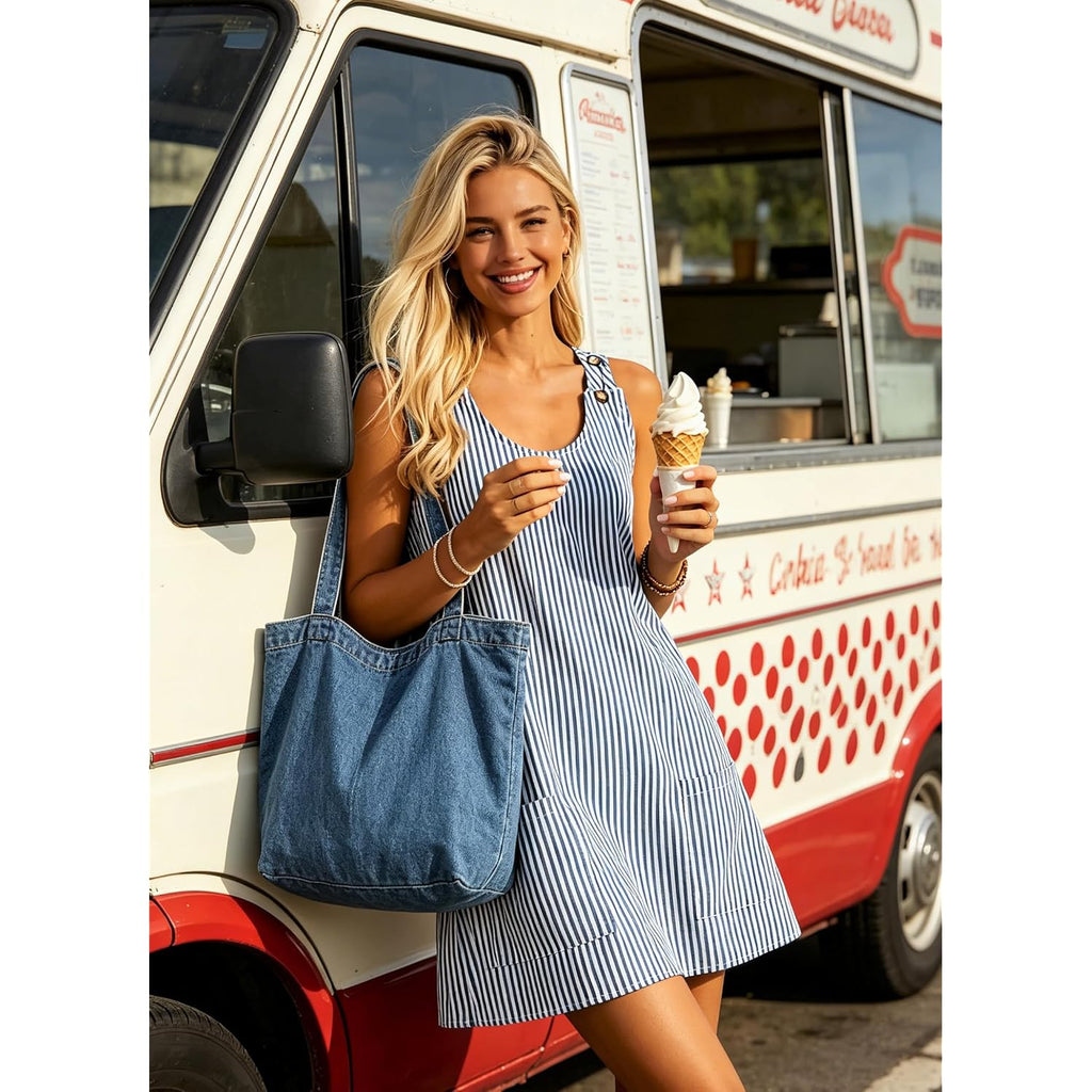 Etcyy New Womens Sleeveless Summer Dresses Casual U Neck Striped Sundresses
