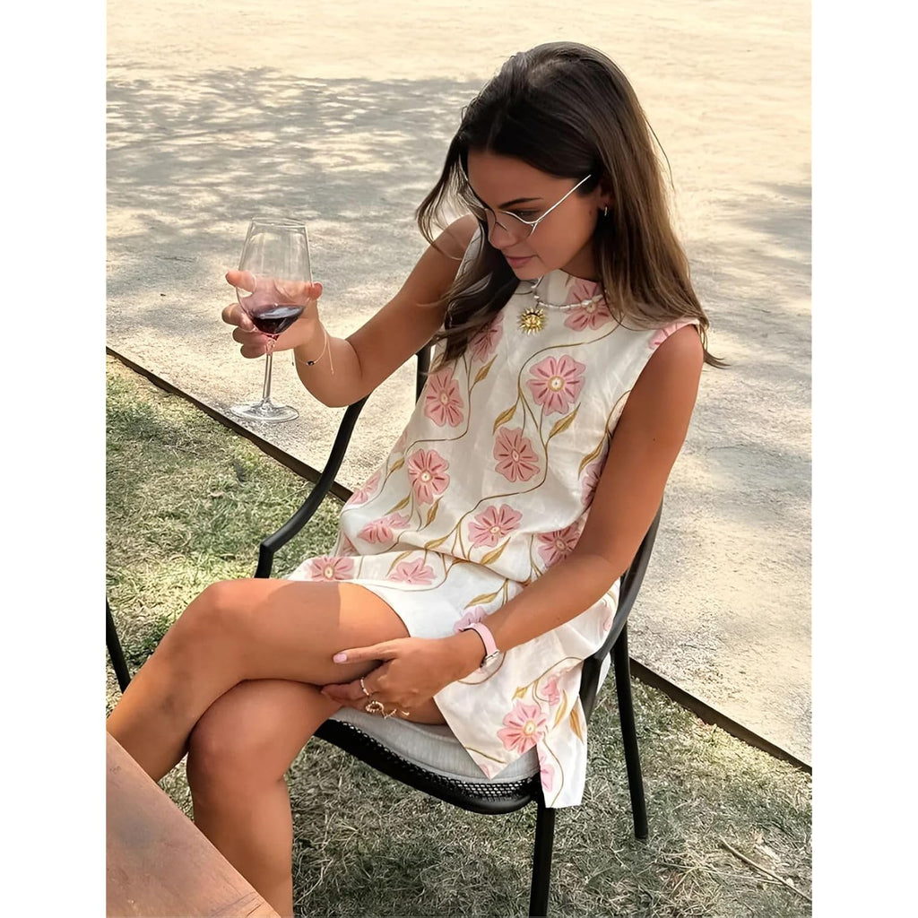 Womens Summer Floral Print Mini Dress Romantic Sleeveless Shift Short Dress Vacation Fairy Dresses