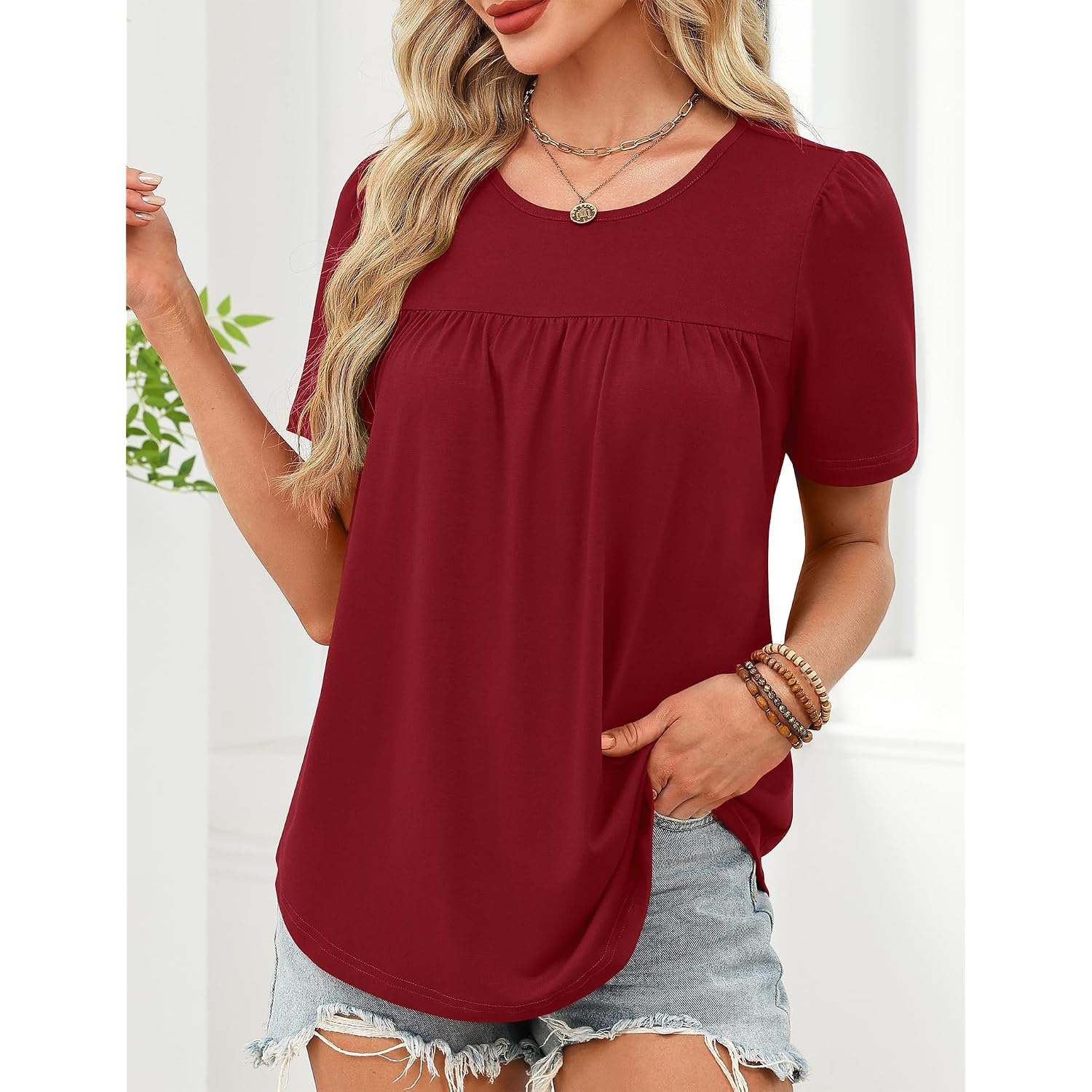Womens Dressy Casual Tops Short Sleeve Blouse Crew Neck Loose Fit Summer Clothes M-4XL
