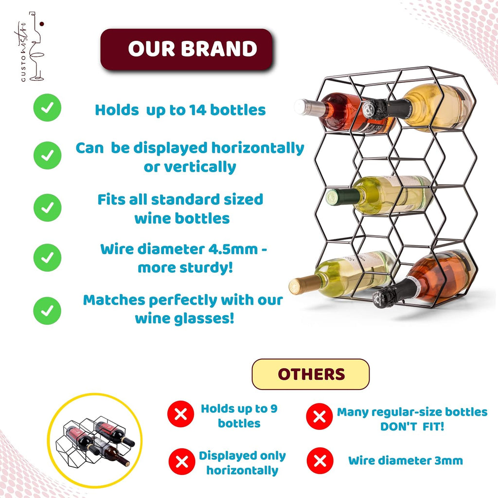Gusto Nostro Countertop Wine Rack - 14 Bottle Freestanding Modern Black Metal Small - 3 Tier Tabletop Wine Holder Stand For Cabinet, Pantry - Wine Racks Countertop - No Assembly Required