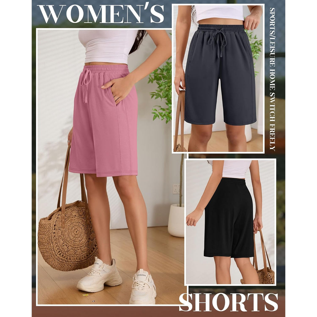 3 Pack Women's Bermuda Shorts Summer Drawstring Elastic Waisted Comfy Casual Sweat Long Shorts