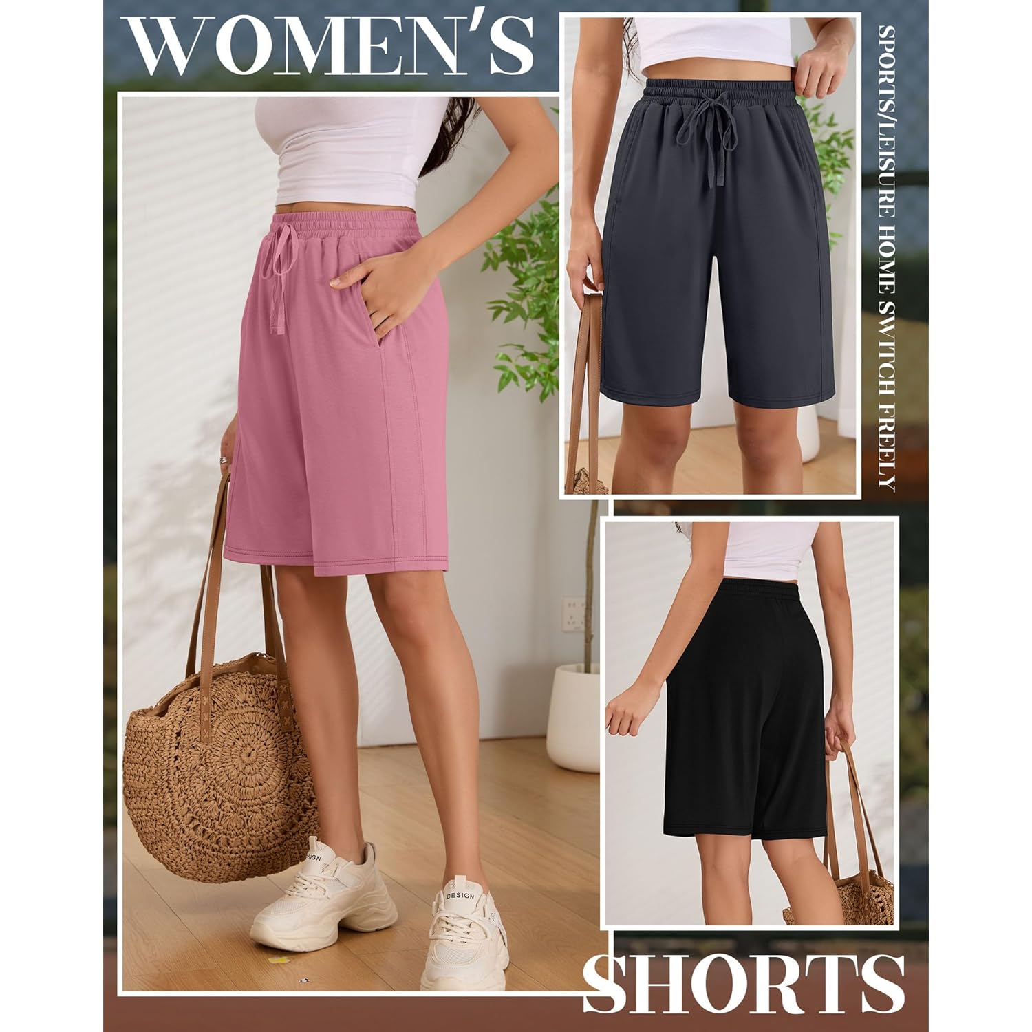 3 Pack Women's Bermuda Shorts Summer Drawstring Elastic Waisted Comfy Casual Sweat Long Shorts