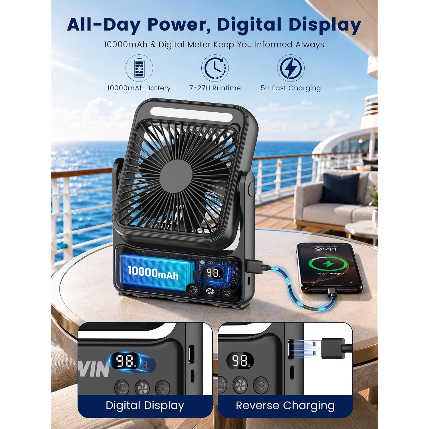 Magnetic Cruise Approved Fan With Night Light, 10000Mah Ultra-Slim Travel Fan, 4-Speed, Hook Design, Portable Fan For Cruise Ship Cabin, Bedroom Sleeping, Camping, Travel & Cruise Essentials 2026