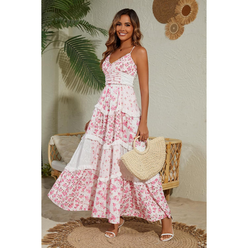 Women Floral Maxi Dress Spaghetti Straps V Neck Lace Patchwork Flowy Tiered Boho Beach Sundress Long Dresses