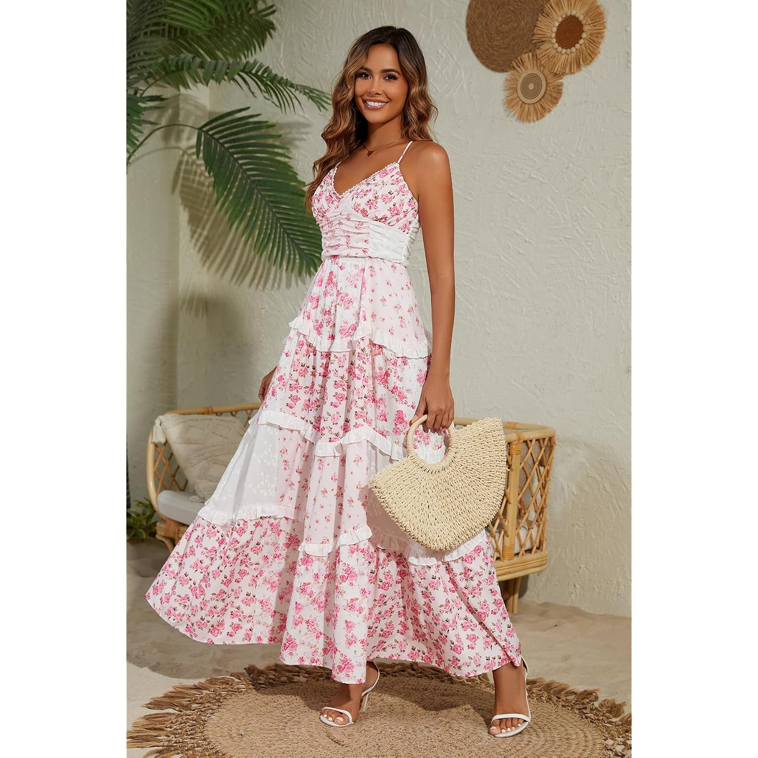 Women Floral Maxi Dress Spaghetti Straps V Neck Lace Patchwork Flowy Tiered Boho Beach Sundress Long Dresses
