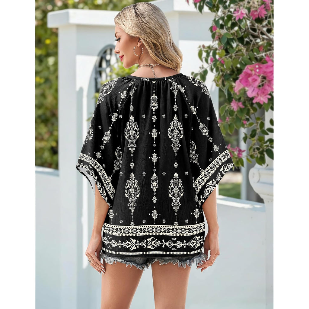 Zeagoo Womens Tops 3/4 Sleeve V Neck Bohemian Blouses Casual Loose Fit Tunic Boho Shirts Floral Printed Clothes