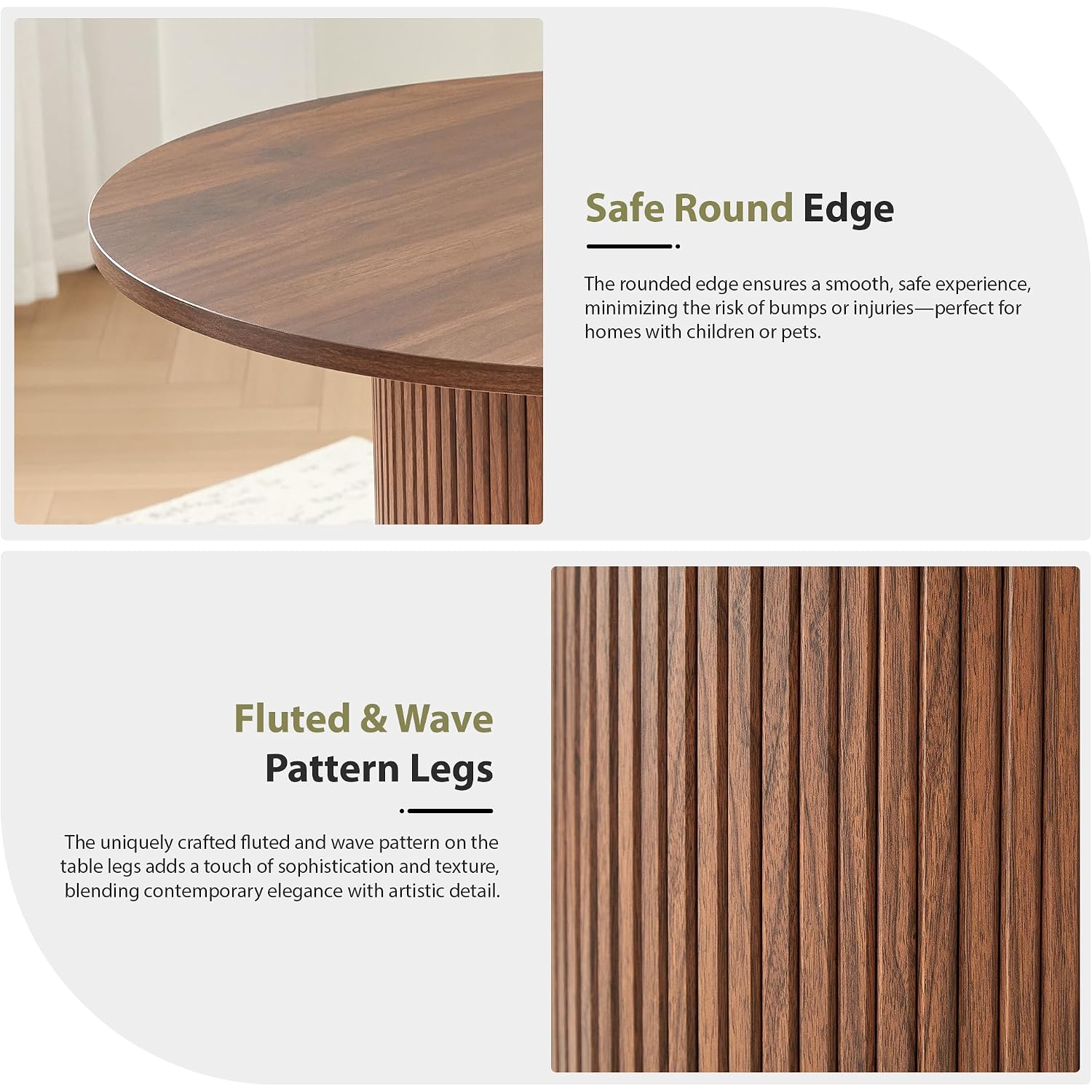 31.5" Round Dining Table For 2-4, Modern Farmhouse Kitchen Table With 2-Tier Storage Shelf, Small Wooden Circle Dining Tables With Fluted Base For Home Dining Room Living Room (Walnut)