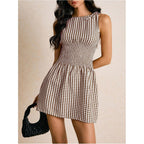 Floerns Women'S Tie Shoulder A Line Gingham Dress Boat Neck Mini Checkered Elegant Dresses