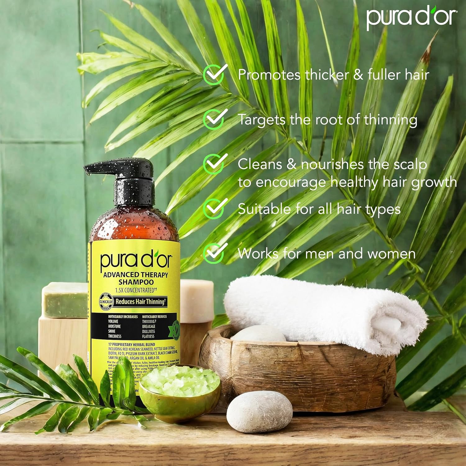 PURA D'OR 16 Oz Advanced Therapy Shampoo Reduces Hair Thinning & Increases Volume, No Sulfate, Biotin Shampoo Infused with Argan Oil, Aloe Vera for All Hair Types, Men & Women