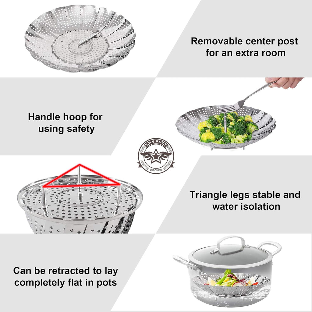 Zocy Steamer Basket, Stainless Steel Vegetable Steam Baskets for Steaming Cooking Expandable to Fit Various Size Pot (5.5" to 9.3")
