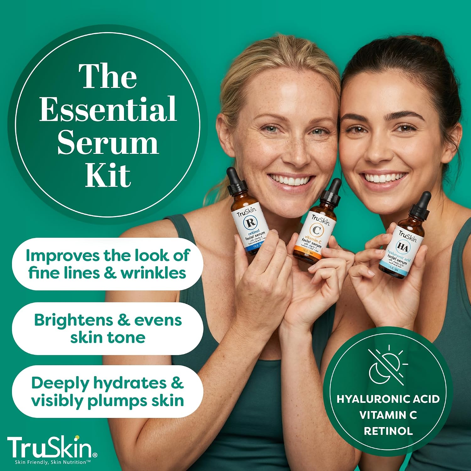Truskin Face Serum Trio - Vitamin C, Retinol & Hyaluronic Acid Anti-Aging Serums For Face - Am, Pm & All-Day Skincare Routine - Brightening, Smoothing & Hydrating Facial Serums, 1 Fl Oz Each