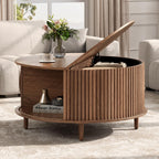 Joinice 31.5" Round Coffee Table With Storage For Living Room, Walnut | Hidden Storage,Fluted Sliding Door,Mid Century Furniture For Small Apartments,Solid Wood Legs,Easy Assembly,Up To 110 Lbs