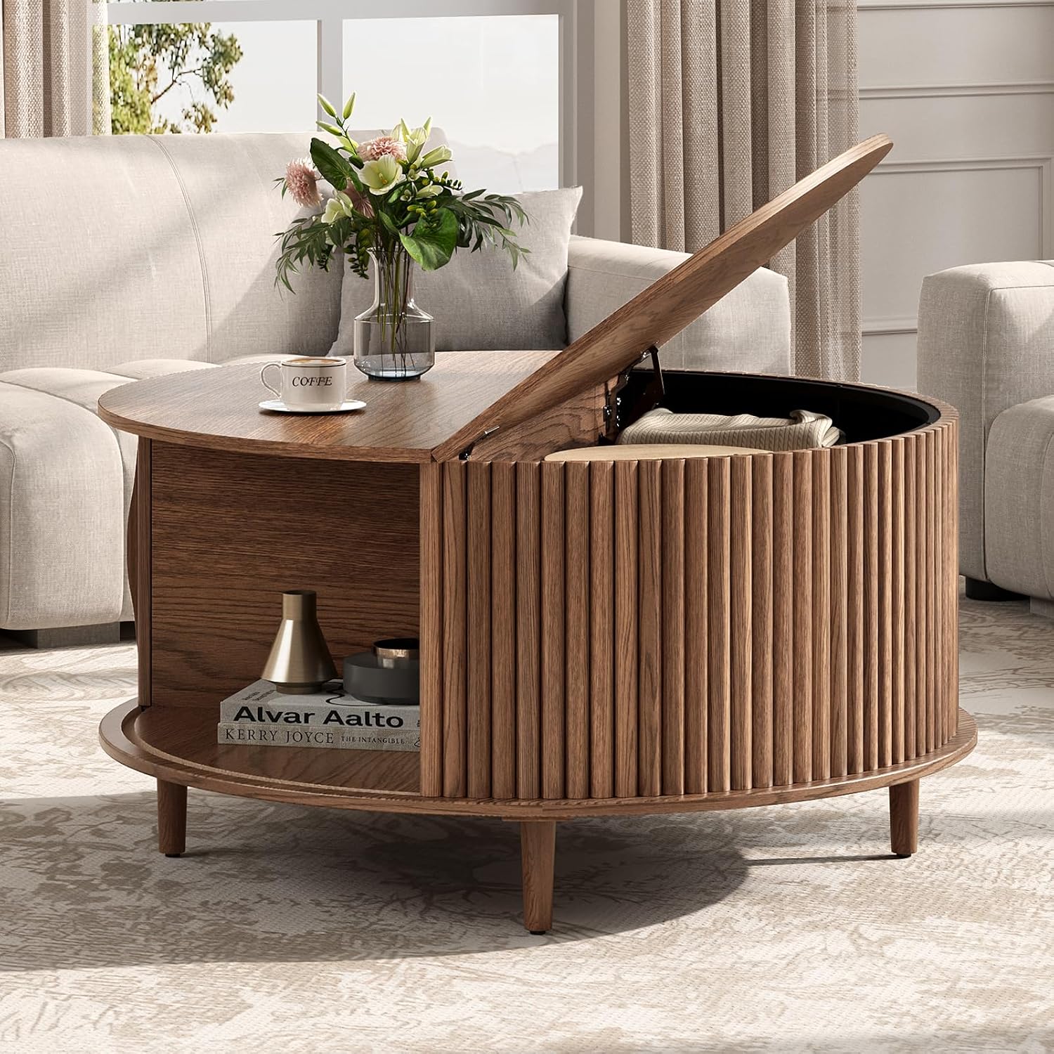 Joinice 31.5" Round Coffee Table With Storage For Living Room, Walnut | Hidden Storage,Fluted Sliding Door,Mid Century Furniture For Small Apartments,Solid Wood Legs,Easy Assembly,Up To 110 Lbs