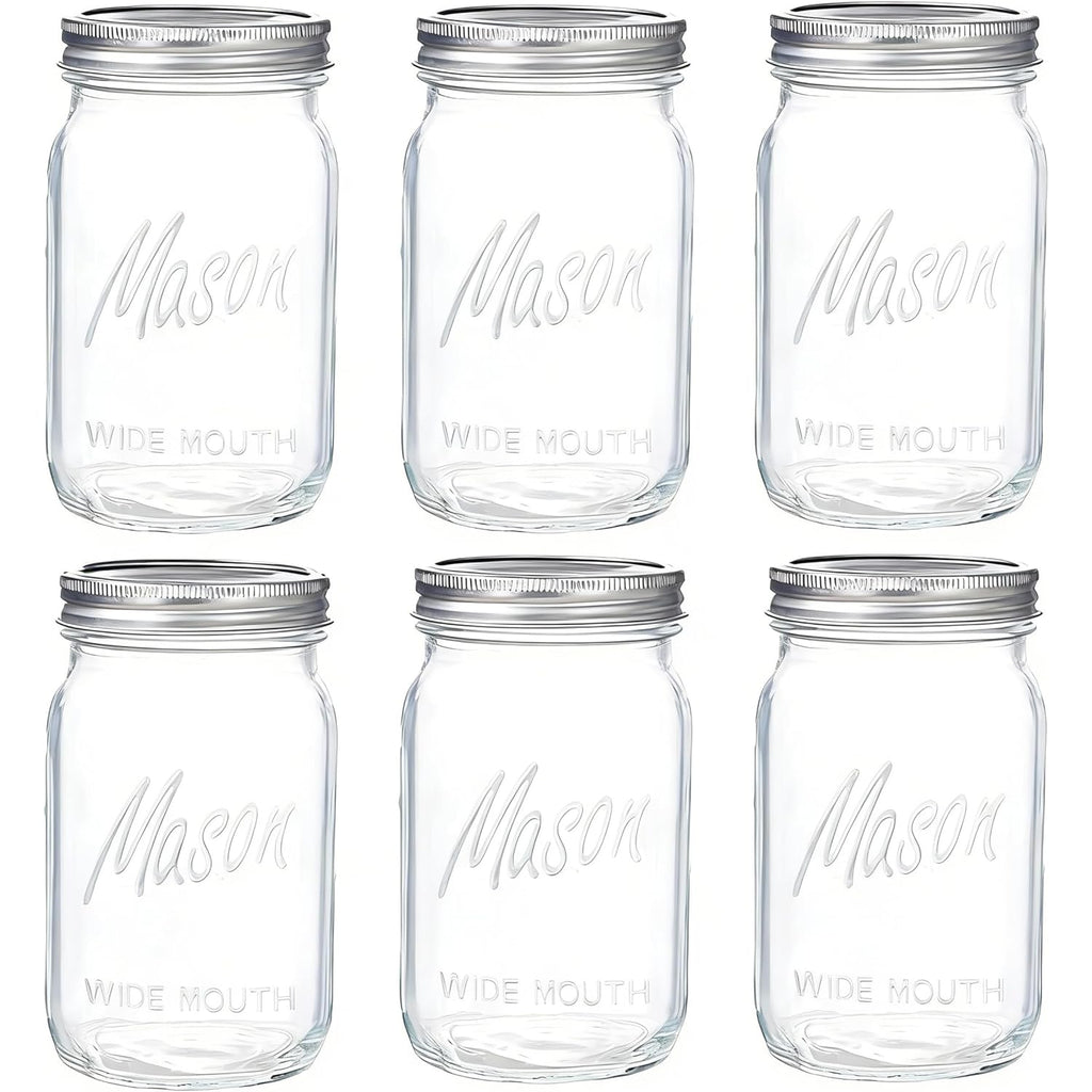 WELLIFE Wide Mouth Mason Jars, 6 Pack Mason Jars 32 oz for Pickling, Canning, Fermenting and Food Storage, Microwave & Dishwasher Safe
