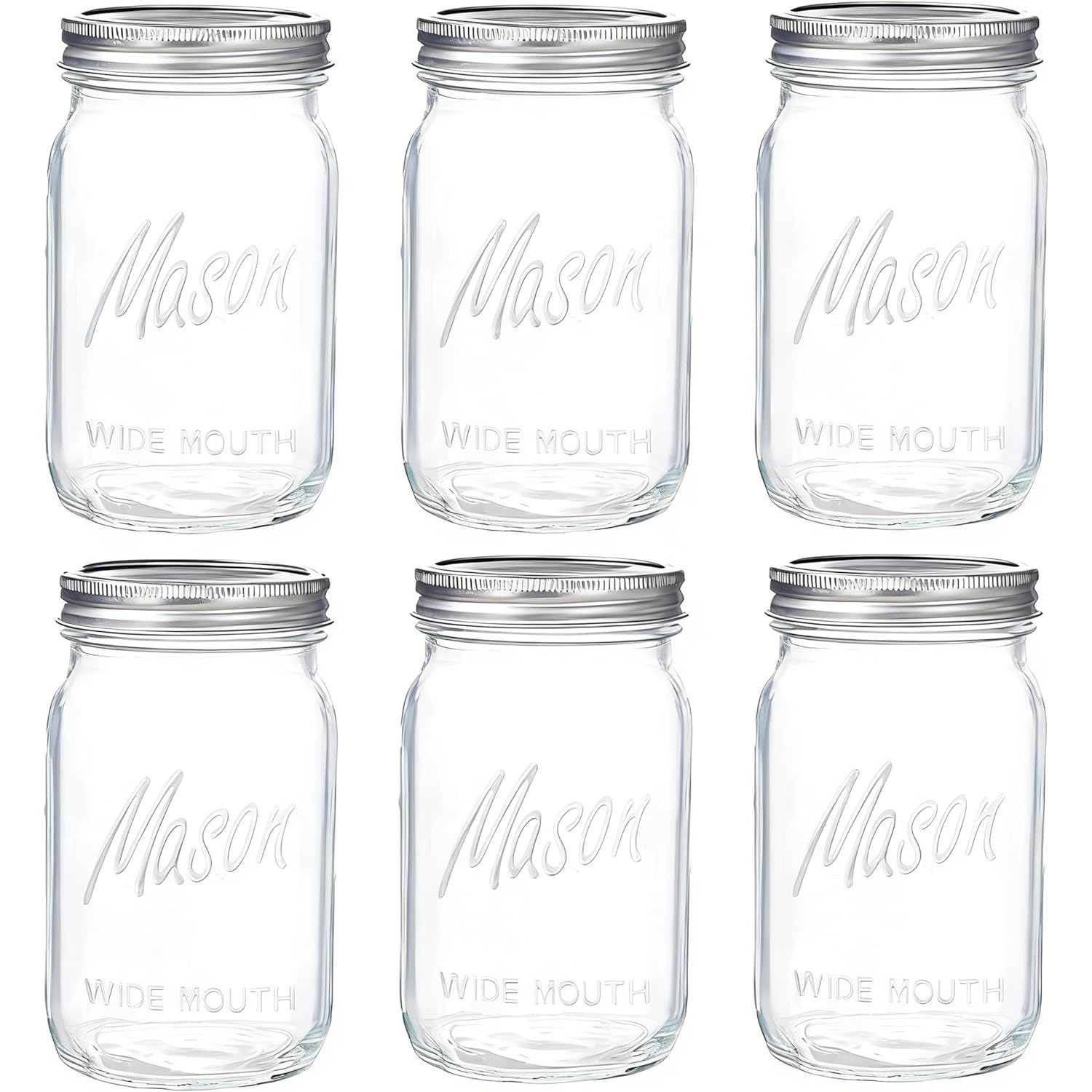 WELLIFE Wide Mouth Mason Jars, 6 Pack Mason Jars 32 oz for Pickling, Canning, Fermenting and Food Storage, Microwave & Dishwasher Safe