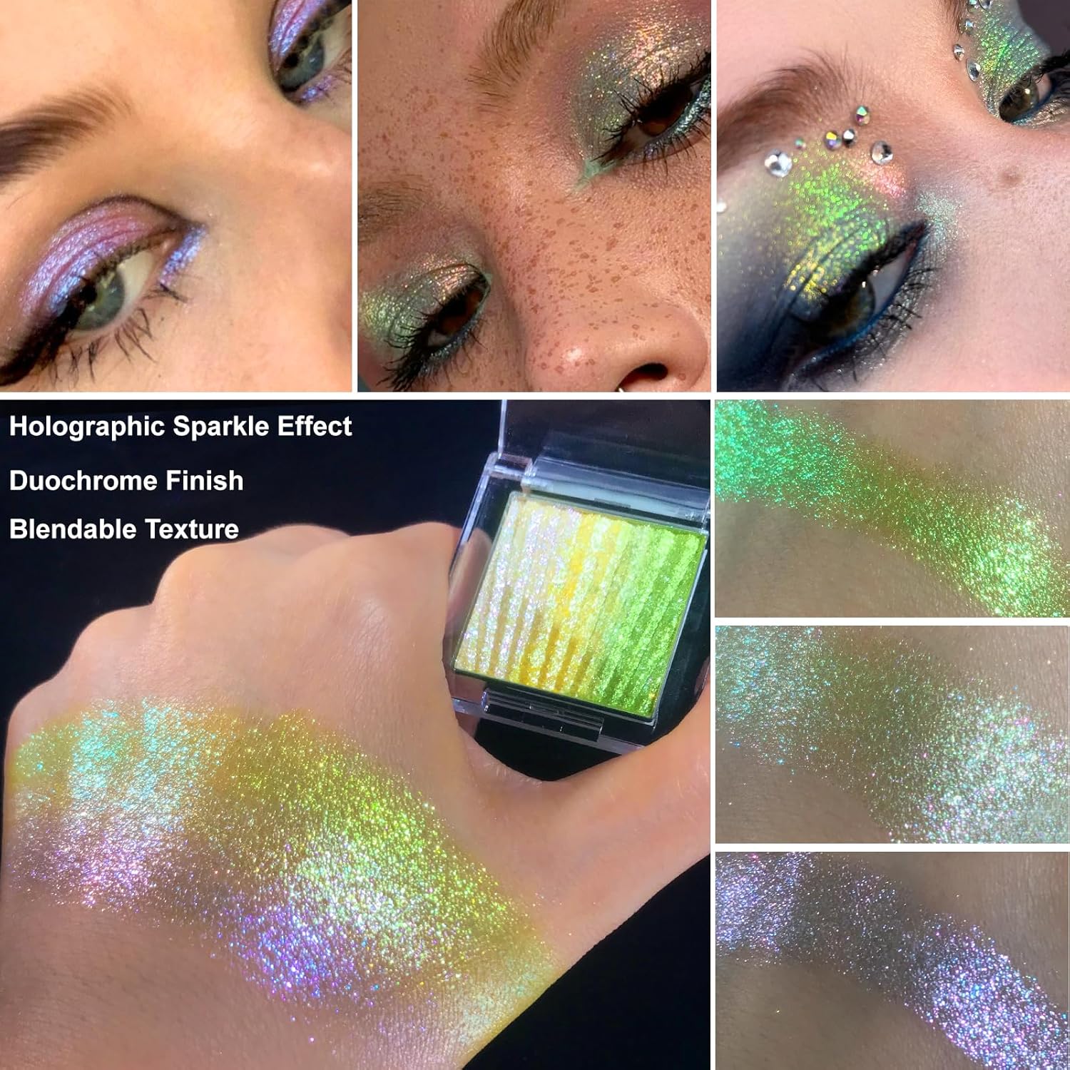 Afflano Sparkly Glitter Chrome Eyeshadow Color Shift, Holographic Multichrome Eyeshadow Palette Green-Gold-Purple, Duochrome Shimmery Eye Shadow Half Magic for Women Girls Iridescent Eye Makeup, #05