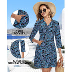 Woweny 3/4 Sleeve Dress For Women With Pockets V Neck Upf 50+ Casual Sun Dress Breathable Quick Dry Beach Vacation
