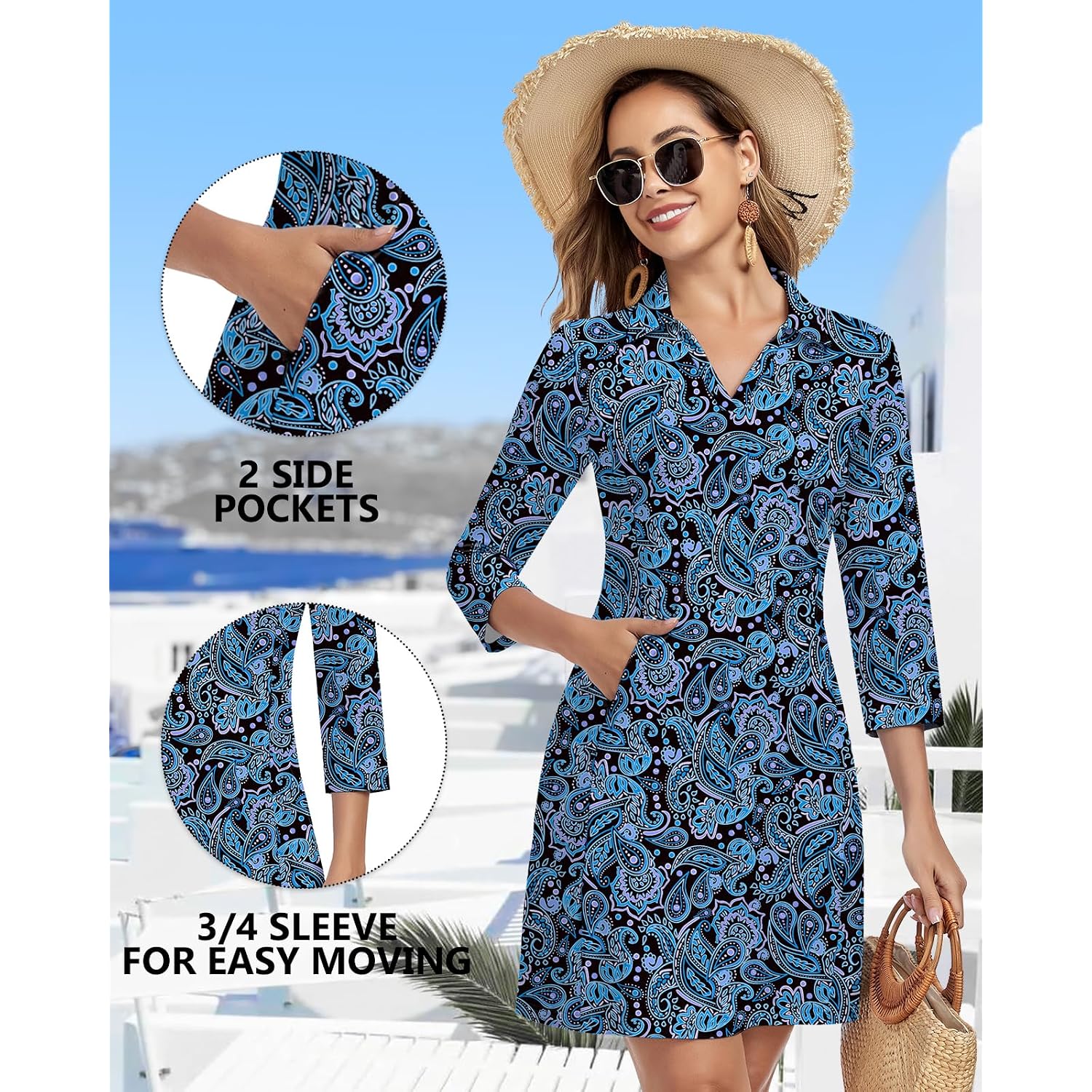 Woweny 3/4 Sleeve Dress For Women With Pockets V Neck Upf 50+ Casual Sun Dress Breathable Quick Dry Beach Vacation
